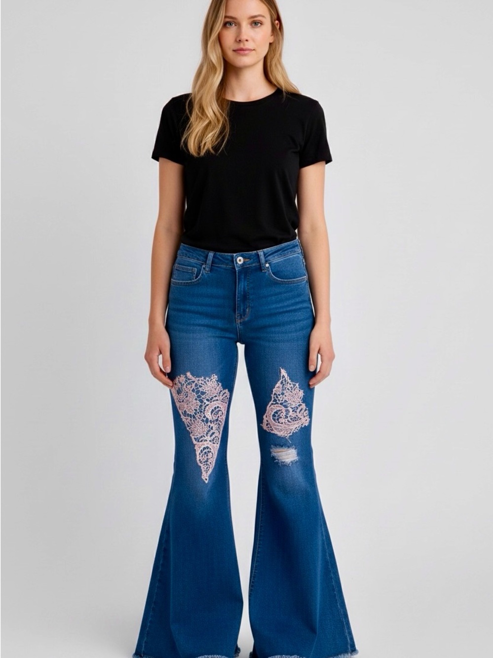 Umgee Blue Flare Jeans with Pink Lace Appliqué
